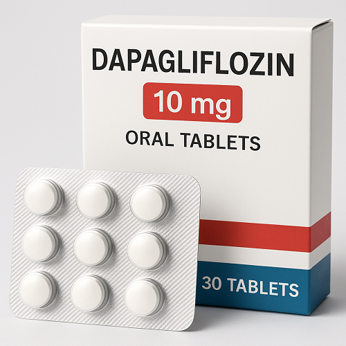 Dapagliflozin 10mg package and packaging box close-up image